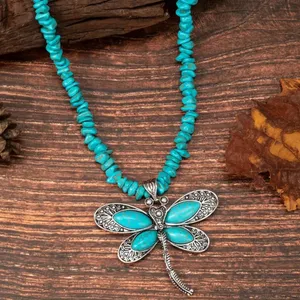 Boho Retro Inspired Dragonfly Vibrant Blue Hue Genuine Turquoise Accent Necklace thumbnail 4