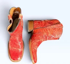 Vintage Dan Post Red Tooled Leather Cowboy Boots Women 7.5 M Square Toe Western thumbnail 1