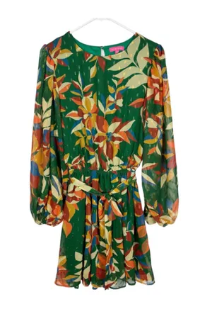 Flying Tomato Green Tropical Floral Boho Chiffon Long Sleeve Mini Dress Small thumbnail 1