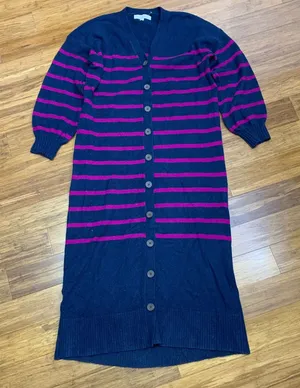 LOFT Navy Blue Pink Stripe Long‎ Cardigan Sweater Dress Duster Womens Size Large thumbnail 1