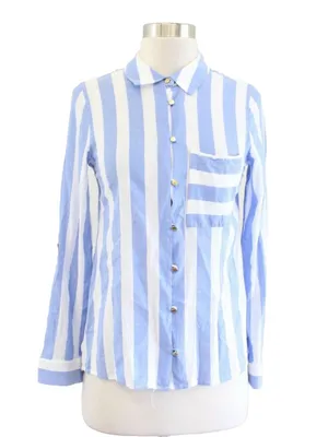 Soft Surroundings Light Blue and White Vertical Stripe Button-Down Shirt thumbnail 9