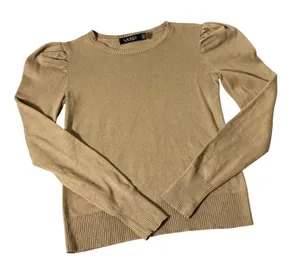 Lauren Ralph Lauren Puff Sleeve Crew Sweater Womens XS Tan Cotton Modal Knit thumbnail 1