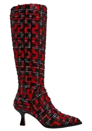 Betsey Johnson Women's Pamella Red/Black Plaid Sequin Knee High Boots Size 7.5 thumbnail 1