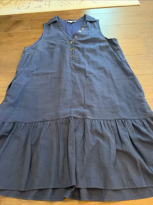 Ott Sleeveless Navy Blue Tiered Mini Dress with Collar Size Large thumbnail 6