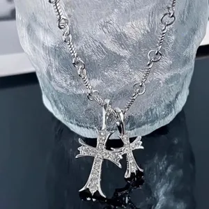 CZ Double Cross Pendant Necklace for Men Women Unisex Hip Hop Style thumbnail 3