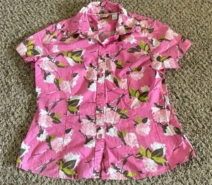 Rider Women's Pink Floral Short Sleeve‎ Button Down Blouse Size Medium thumbnail 1