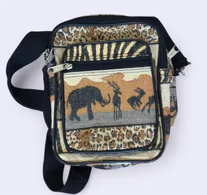 Safari African Jungle Animal Crossbody Messenger Belt Fanny Pack Bag Purse Travel Tapestry Brown Black Zip #Boho #Western #Festival #Rave #Hippie Giraffe Elephant Deer Antelope Measurement in pics thumbnail 1
