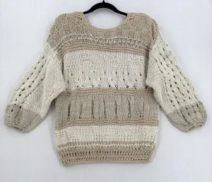 Handmade Crochet Knit Sweater Women Ivory Beige Balloon Sleeve Boho Coastal Chic thumbnail 1