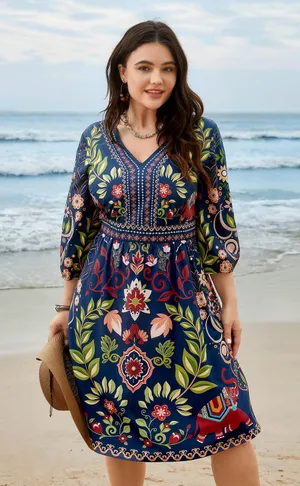 BloomChic Blue Floral Boho Dress V-Neck 3/4 Sleeve Midi Size 10 thumbnail 1