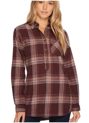 Carhartt 100% Heavy Coton Womens Burgundy Plaid‎ Flannel Henley Popover Size L thumbnail 2