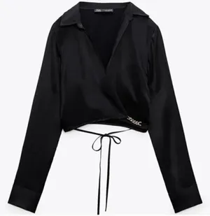 NWT! ZARA satin neck long sleeve plunge wrap blouse gold chain detail medium thumbnail 1