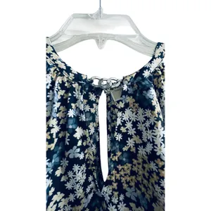 Michael Kors‎ Floral Cold Shoulder Chain Halter Neck Blouse Navy Blue Cream L thumbnail 2