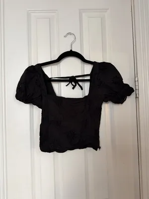 Roller Rabbit Size XXS Women's Black Eyelet Embroidered Puff Sleeve Square Neck thumbnail 2
