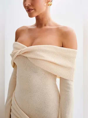NWT‎ Meshki Camryn Off Shoulder Tie Knit Mini Dress Cream Marle Women’s Size L thumbnail 6