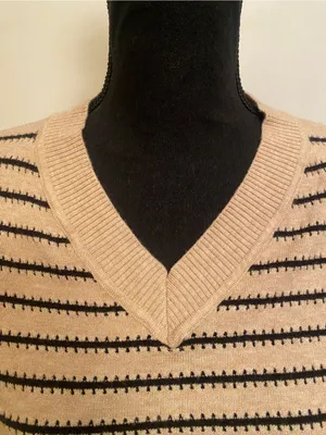 Striped V-Neck Short-Sleeve Knit Top Cream & Black Mesh by Wiholl thumbnail 3