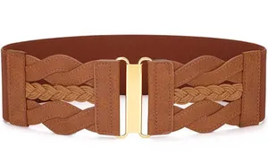 Sansths Women’s Stretchy Wide Elastic Band Brown Belt With Gold Buckle thumbnail 1