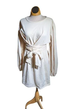 Sabo Skirt Ivory Gathered Long Sleeve Tie Waist Cotton Blend Mini Dress Sz M thumbnail 2