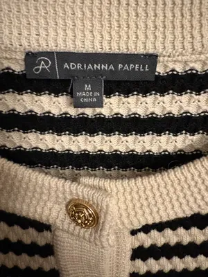 Adrianna Papell Wool blend cream black striped pointelle cardigan Size M thumbnail 4