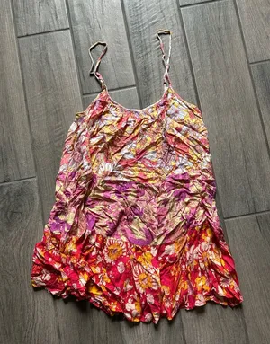 Millibon Pink & Yellow Floral Crinkle Spaghetti Strap Mini Dress thumbnail 1