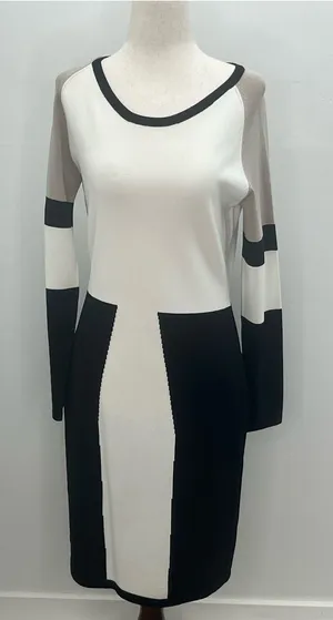 Calvin Klein Black White Taupe Long Sleeve Colorblock Knit Midi Dress Medium thumbnail 1