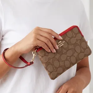 Coach Small Wristlet Signature Canvas Khaki Red Leather F58035 Gold Hardware thumbnail 1