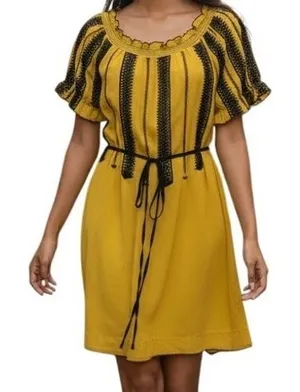 ANTHROPOLOGIE‎ FLOREAT Inky Quills Mustard Yellow Embroidered Silk Mini Dress 0 thumbnail 1