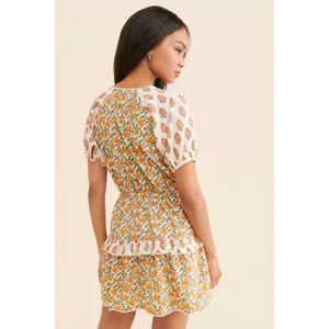 Anthropologie dRA Carmella Mini‎ Dress Floral Cotton Smocked Tiered Yellow White thumbnail 2
