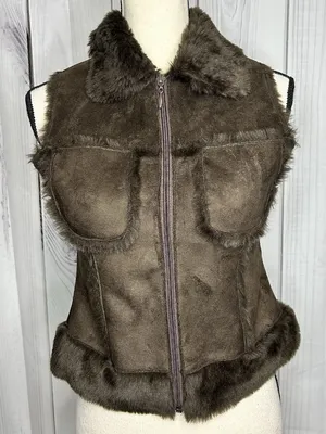 Bebe Faux Fur Suede Vest Womens Sz XS Brown Full Zip Vintage thumbnail 1