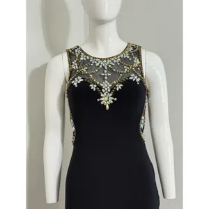 Betsy & Adam Maxi Dress Black Mesh Beaded Rhinestone Gown Sleeveless Crew Neck 2 thumbnail 3
