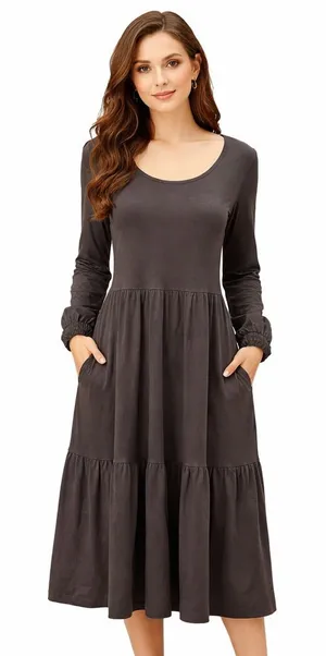 Canyon Retreat dark grey linen blend midi dress medium modest thumbnail 1