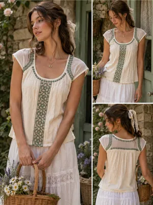 Anthropologie Deletta Ivory Sage Embroidered Cotton Wool Blend Blouse Small thumbnail 2