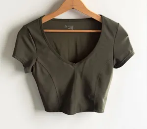 Offline by Aerie Goals Real Good Olive‎ Green V-Neck Crop Top Athletic Shirt S thumbnail 1