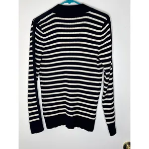 Ralph Lauren Black White Striped Button Mock Neck Ribbed Pullover Size L Cotton thumbnail 6