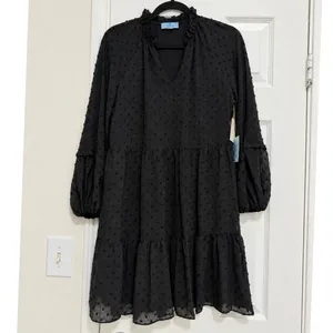 CeCe Black Swiss Dot Tiered Mini Dress Ruffle Neck Balloon Sleeve NWT XS thumbnail 2