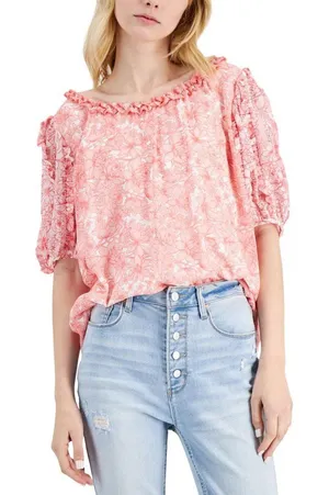 NEW Studio By JPR Floral-Print Sheer Puff Sleeve Blouse Top Shell Pink / White M thumbnail 1