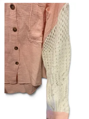 POL Pink Button-Down Gauze Shirt with White Crochet Sleeves thumbnail 4