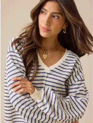Altar’d State Raelynn V-Neck‎ Striped Sweater Top Cream Blue Sz XXL thumbnail 1