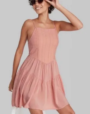 Wild Fable Coral Pink Eyelet Tiered Mini Dress Smocked Back Large thumbnail 1