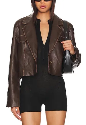 Revolve Superdown Blakely Faux Leather Brown Cropped Blazer Jacket thumbnail 1