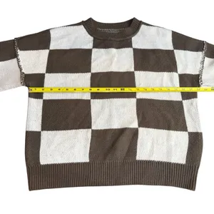 Checker Print Crewneck Sweater Brown‎ Cream Checkerboard Fall Neutral Size S thumbnail 5