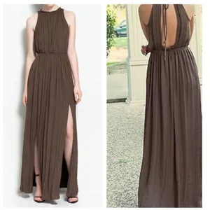 Zara Empire Waist Brown Satin Open Back Slit Maxi Dress Size XS thumbnail 16