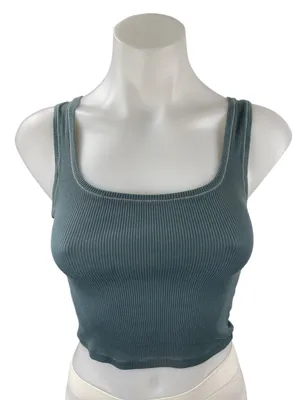 Skims Women's Green Ribbed Knit Square Neck Sleeveless Tank Crop Top Size S thumbnail 1