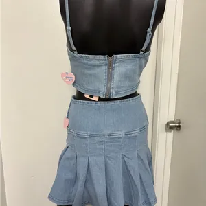 Light Blue Denim Lace-Up Crop Top & Skirt Set NWT Small thumbnail 2