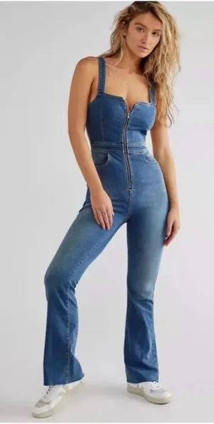 Free People Women's CRVY 2nd Ave One‎ Piece Denim Jumpsuit Size 14 thumbnail 1