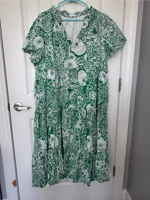 Chic Soul 2X Green White Floral Tiered Midi Dress Puff Sleeve Pockets‎ thumbnail 1