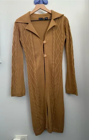 Wet Seal Small Cable Knit Long Open Cardigan Tan Camel Wool 60s 70s Penny‎ Lane thumbnail 1