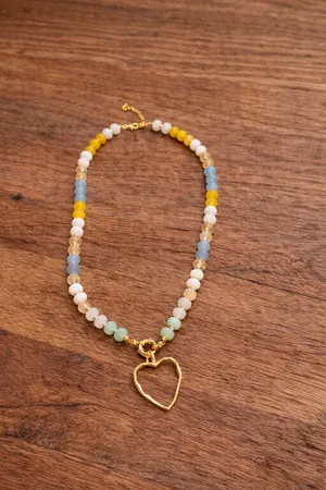 18k gold filled beaded gemstone necklace with hammered gold heart thumbnail 2