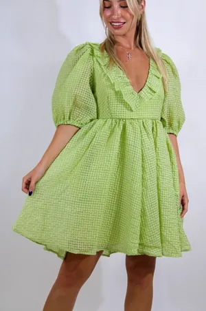 Mable M Medium Babydoll Mini Dress Green Textured Puff Sleeves Pockets‎ Coquette thumbnail 1
