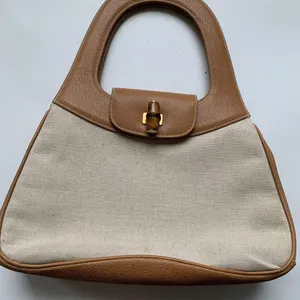 Vintage Authentic Gucci 90’s Leather Bamboo Canvas Shoulder Tan Preppy Classic thumbnail 3