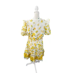FARM Rio Azaleia Mini Dress M Yellow Floral Cotton Puff Sleeve V-Neck Missing Be thumbnail 6